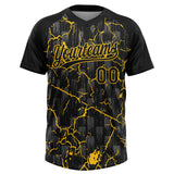 Custom Black Yellow-Gray Raglan Sleeves Neon Lightning Crackle Two-Button Unisex Softball Jersey