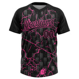 Custom Black Pink-Gray Raglan Sleeves Neon Lightning Crackle Two-Button Unisex Softball Jersey