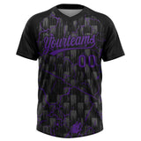 Custom Black Purple-Gray Raglan Sleeves Neon Lightning Crackle Two-Button Unisex Softball Jersey