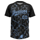 Custom Black Light Blue-Gray Raglan Sleeves Neon Lightning Crackle Two-Button Unisex Softball Jersey