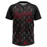 Custom Black Crimson-Gray Raglan Sleeves Neon Lightning Crackle Two-Button Unisex Softball Jersey
