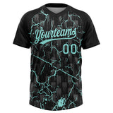Custom Black Ice Blue-Gray Raglan Sleeves Neon Lightning Crackle Two-Button Unisex Softball Jersey