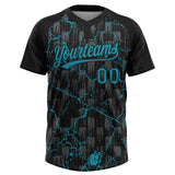 Custom Black Teal-Gray Raglan Sleeves Neon Lightning Crackle Two-Button Unisex Softball Jersey