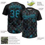 Custom Black Teal-Gray Raglan Sleeves Neon Lightning Crackle Two-Button Unisex Softball Jersey
