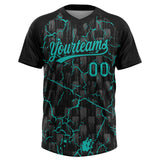 Custom Black Aqua-Gray Raglan Sleeves Neon Lightning Crackle Two-Button Unisex Softball Jersey