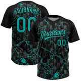 Custom Black Aqua-Gray Raglan Sleeves Neon Lightning Crackle Two-Button Unisex Softball Jersey