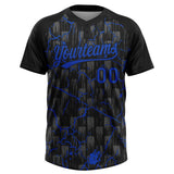 Custom Black Thunder Blue-Gray Raglan Sleeves Neon Lightning Crackle Two-Button Unisex Softball Jersey
