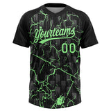 Custom Black Pea Green-Gray Raglan Sleeves Neon Lightning Crackle Two-Button Unisex Softball Jersey