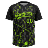 Custom Black Neon Green-Gray Raglan Sleeves Neon Lightning Crackle Two-Button Unisex Softball Jersey