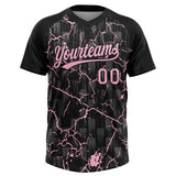 Custom Black Light Pink-Gray Raglan Sleeves Neon Lightning Crackle Two-Button Unisex Softball Jersey