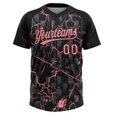 Custom Black-Medium Pink Raglan Sleeves Neon Lightning Crackle Two-Button Unisex Softball Jersey