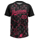 Custom Black Neon Pink-Gray Raglan Sleeves Neon Lightning Crackle Two-Button Unisex Softball Jersey