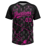 Custom Black Deep Pink-Gray Raglan Sleeves Neon Lightning Crackle Two-Button Unisex Softball Jersey