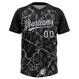Custom Black Silver Silver-Gray Raglan Sleeves Neon Lightning Crackle Two-Button Unisex Softball Jersey