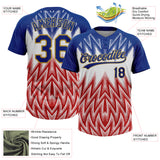 Custom Royal White Red-Old Gold Raglan Sleeves Abstract Geometric Chevron Zigzag Two-Button Unisex Softball Jersey