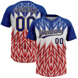 Custom Royal White Red-Old Gold Raglan Sleeves Abstract Geometric Chevron Zigzag Two-Button Unisex Softball Jersey