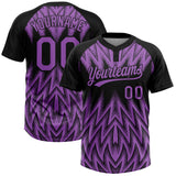 Custom Black-Purple Raglan Sleeves Abstract Geometric Chevron Zigzag Two-Button Unisex Softball Jersey
