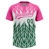 Custom Pink Kelly Green-White Raglan Sleeves Abstract Geometric Chevron Zigzag Two-Button Unisex Softball Jersey