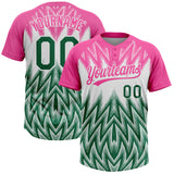 Custom Pink Kelly Green-White Raglan Sleeves Abstract Geometric Chevron Zigzag Two-Button Unisex Softball Jersey