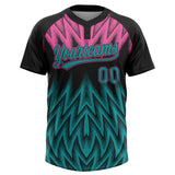 Custom Black Teal-Pink Raglan Sleeves Abstract Geometric Chevron Zigzag Two-Button Unisex Softball Jersey