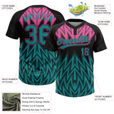 Custom Black Teal-Pink Raglan Sleeves Abstract Geometric Chevron Zigzag Two-Button Unisex Softball Jersey