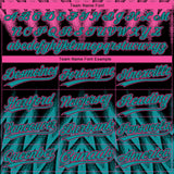 Custom Black Teal-Pink Raglan Sleeves Abstract Geometric Chevron Zigzag Two-Button Unisex Softball Jersey