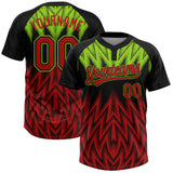 Custom Black Red-Neon Green Raglan Sleeves Abstract Geometric Chevron Zigzag Two-Button Unisex Softball Jersey