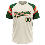 Custom Cream Green-Orange Raglan Sleeves Stripes Two-Button Unisex Softball Jersey