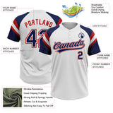 Custom White Navy-Red Raglan Sleeves Stripes Two-Button Unisex Softball Jersey