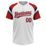 Custom White Red-Navy Raglan Sleeves Stripes Two-Button Unisex Softball Jersey