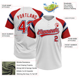 Custom White Red-Navy Raglan Sleeves Stripes Two-Button Unisex Softball Jersey