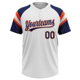 Custom White Navy-Orange Raglan Sleeves Stripes Two-Button Unisex Softball Jersey