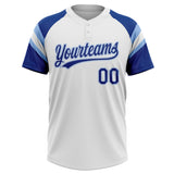 Custom White Royal-Light Blue Raglan Sleeves Stripes Two-Button Unisex Softball Jersey