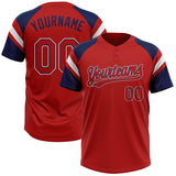 Custom Red Navy-White Raglan Sleeves Stripes Two-Button Unisex Softball Jersey