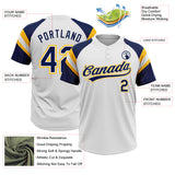 Custom White Navy-Gold Raglan Sleeves Stripes Two-Button Unisex Softball Jersey