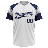 Custom White Navy-Gray Raglan Sleeves Stripes Two-Button Unisex Softball Jersey