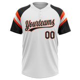 Custom White Black-Orange Raglan Sleeves Stripes Two-Button Unisex Softball Jersey