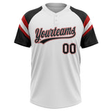 Custom White Black-Red Raglan Sleeves Stripes Two-Button Unisex Softball Jersey