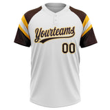 Custom White Brown-Gold Raglan Sleeves Stripes Two-Button Unisex Softball Jersey