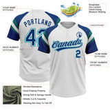 Custom White US Navy Blue-Teal Raglan Sleeves Stripes Two-Button Unisex Softball Jersey