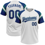Custom White US Navy Blue-Teal Raglan Sleeves Stripes Two-Button Unisex Softball Jersey