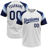 Custom White Navy-Light Blue Raglan Sleeves Stripes Two-Button Unisex Softball Jersey