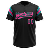 Custom Black Pink-Teal Raglan Sleeves Stripes Two-Button Unisex Softball Jersey