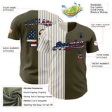 Custom Olive Vintage USA Flag Cream-Navy Pinstripe Authentic Split Fashion Salute To Service Baseball Jersey