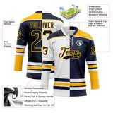 Custom Navy Gold-White Split Fashion Hockey Lace Neck Jersey