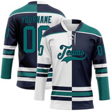 Custom Navy Teal-White Split Fashion Hockey Lace Neck Jersey