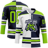 Custom Navy Neon Green-White Split Fashion Hockey Lace Neck Jersey