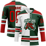Custom Green Red-White Split Fashion Hockey Lace Neck Jersey