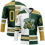 Custom Green Old Gold-White Split Fashion Hockey Lace Neck Jersey