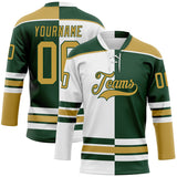 Custom Green Old Gold-White Split Fashion Hockey Lace Neck Jersey